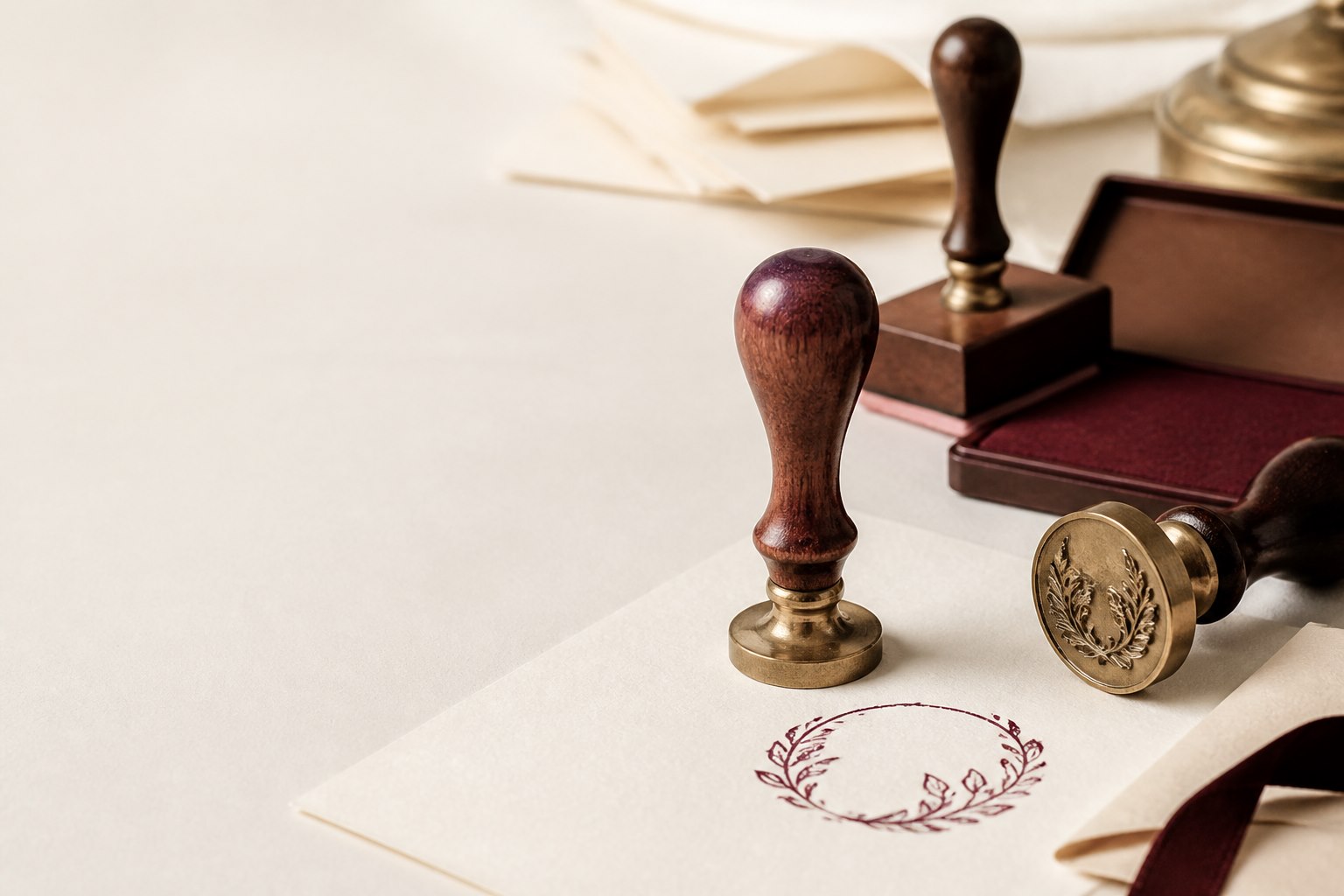 Wood and brass custom stamps arranged on cream stationery