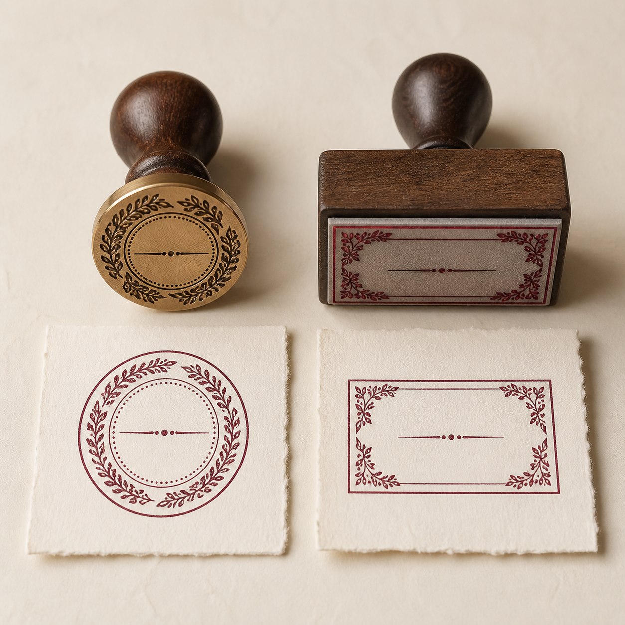 Round and rectangular custom stamps with burgundy impressions